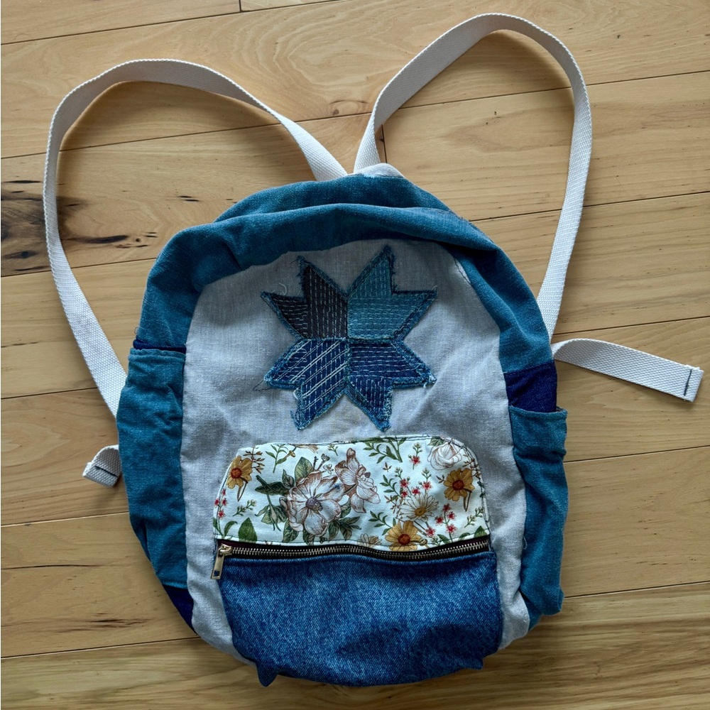 Handmade Patchwork Backpack Denim Floral Star Small Knapsack Bag